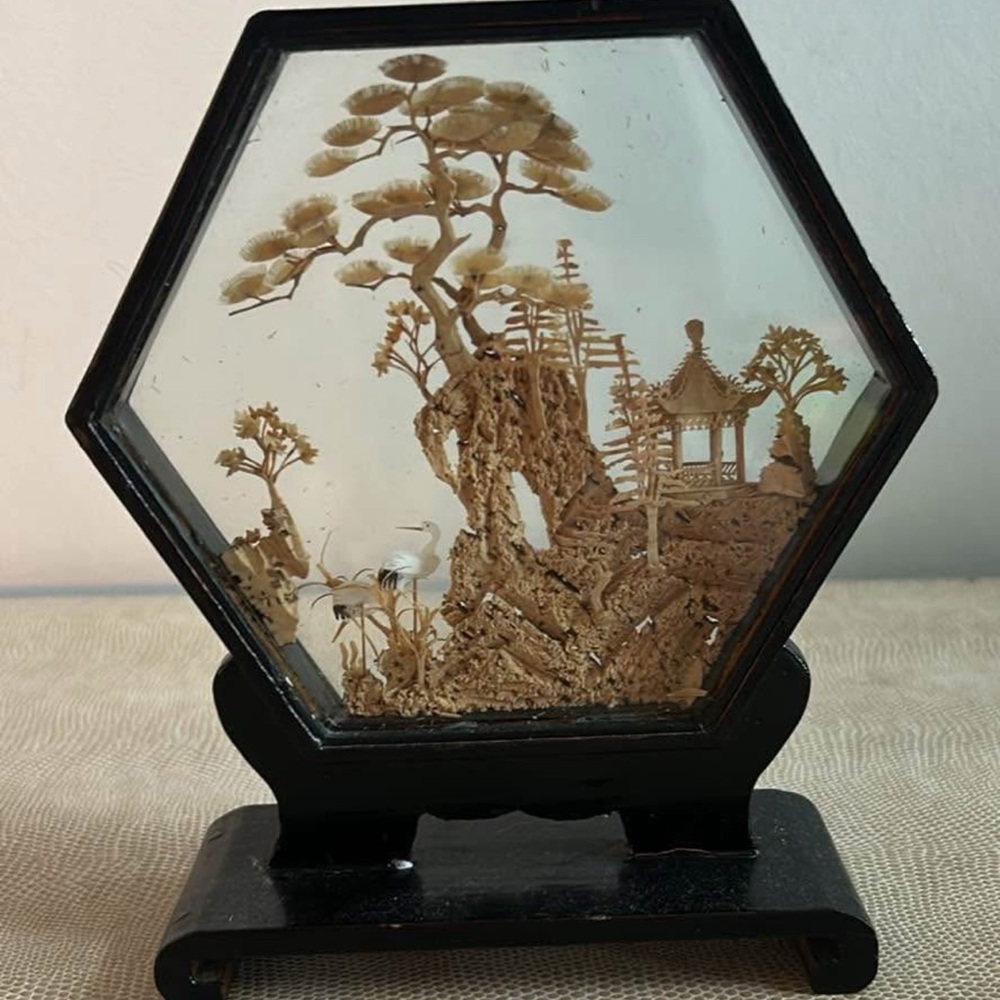 Hexagonal Vintage SanYou Chinese Cork Carving Encased in Lacquered Rosewood